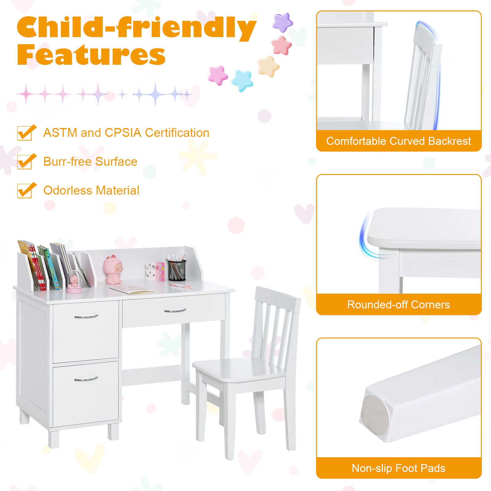 Kids Wooden Writing Furniture Set With Drawer, Storage Cabinet, White Kids Table & Chair Sets at Gallery Canada