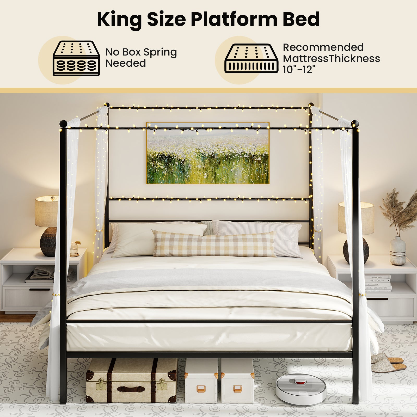 King Size Metal Canopy Bed Frame with Slat Support, Black Simple Bed Frame at Gallery Canada