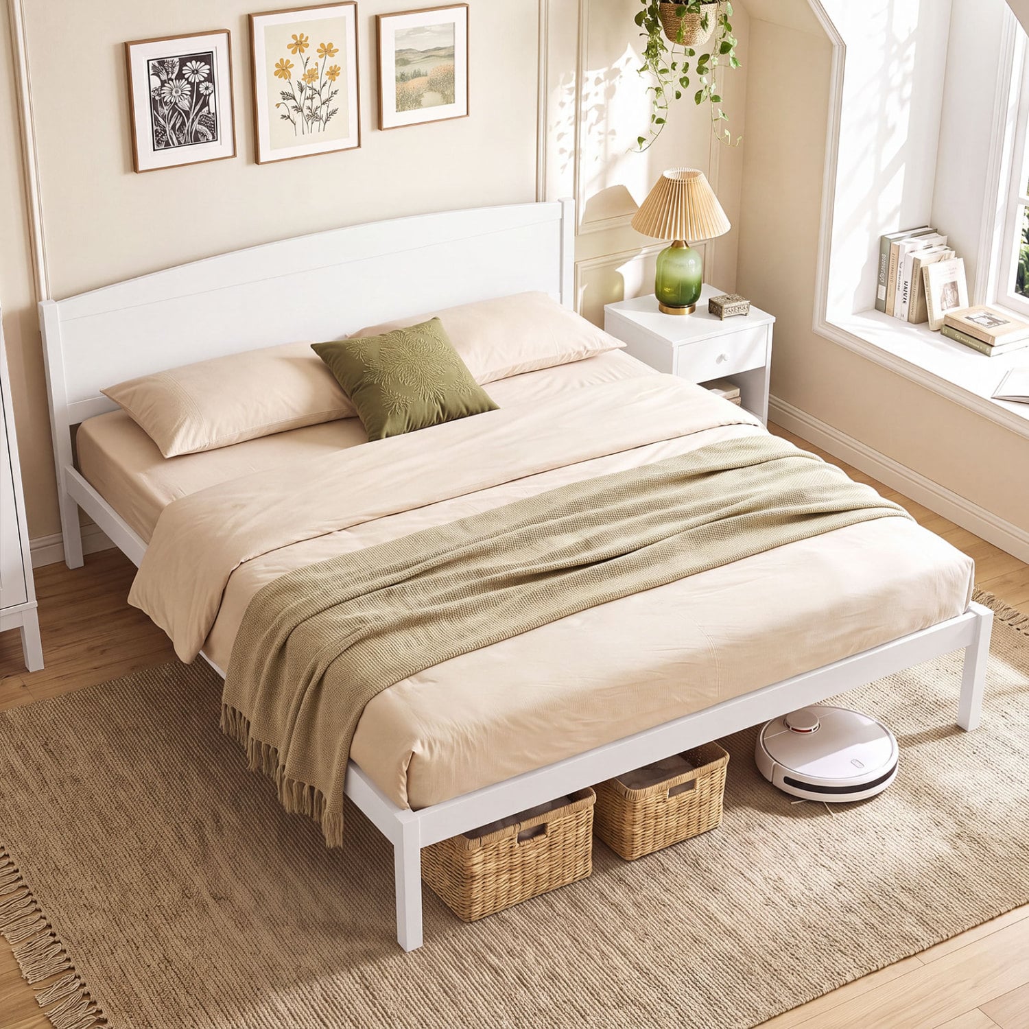 King Size Wooden Platform Bed Frame with Curved Headboard, White Beds & Bed Frames at Gallery Canada