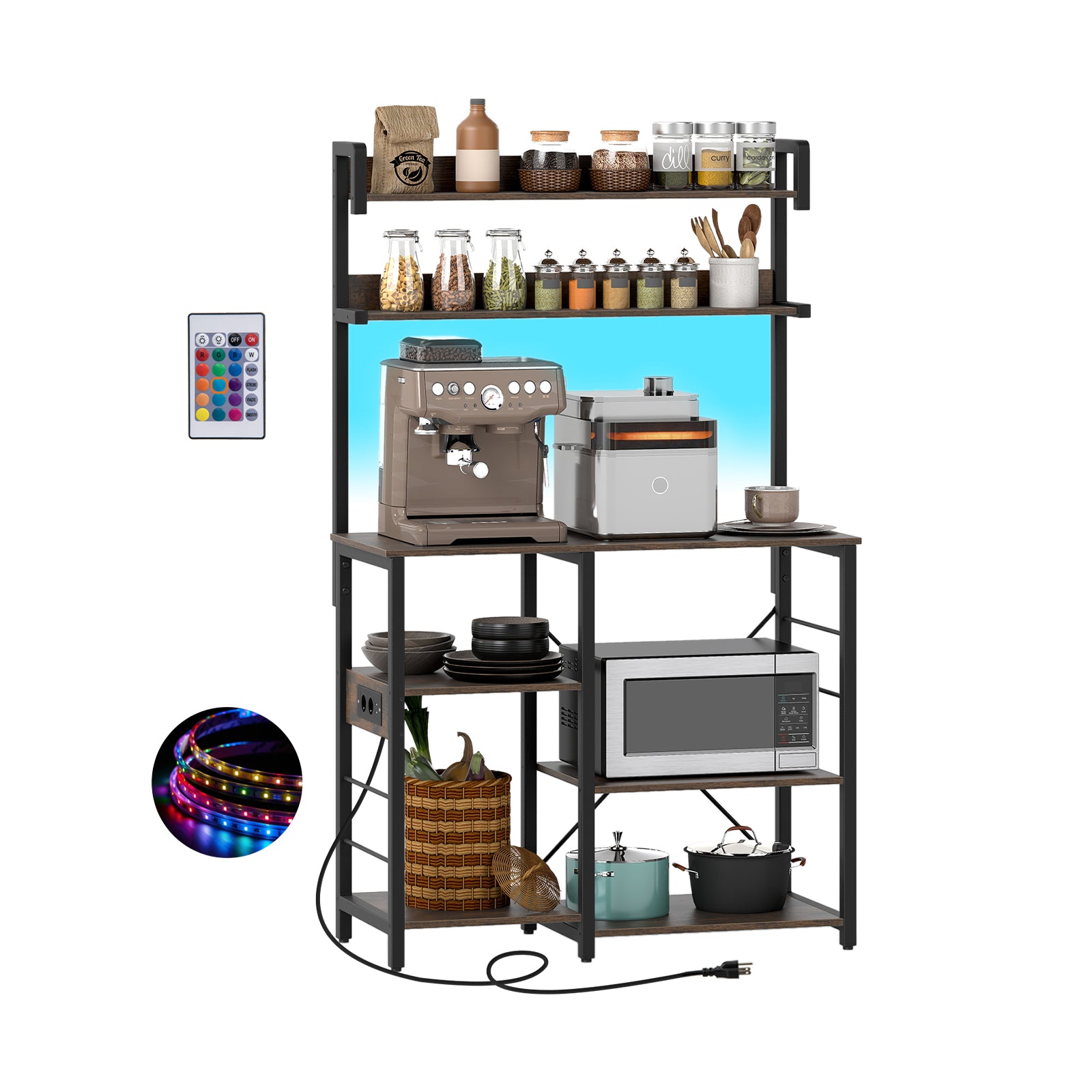 5-Tier Kitchen Bakers Rack With Power Outlet, LED Lights, Rustic Brown Baker's Racks at Gallery Canada