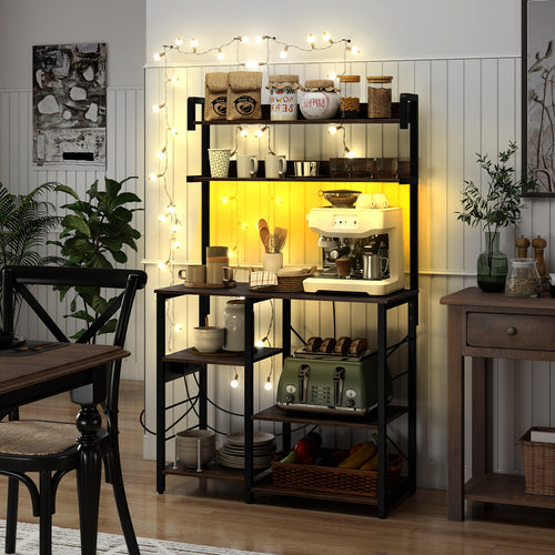 5-Tier Kitchen Bakers Rack With Power Outlet, LED Lights, Rustic Brown