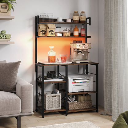 5-Tier Kitchen Bakers Rack With Power Outlet, LED Lights, Rustic Brown Baker's Racks at Gallery Canada