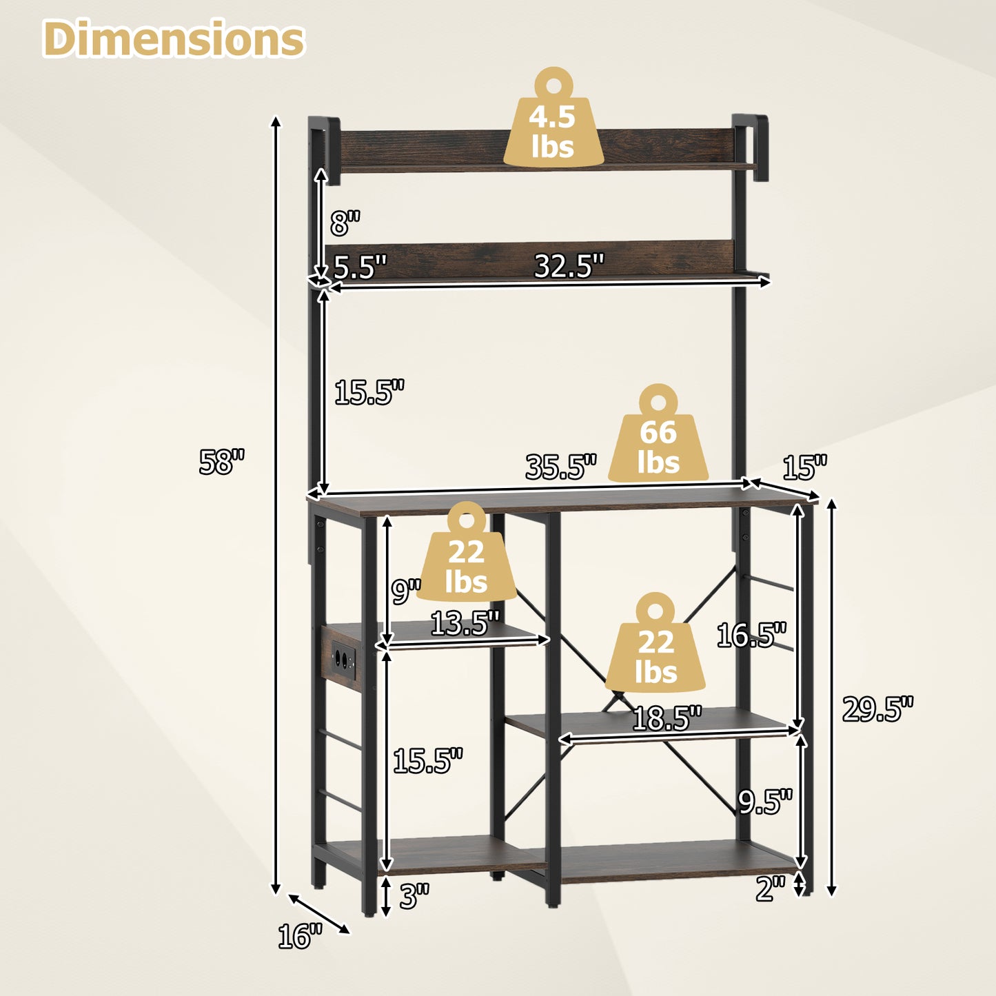 5-Tier Kitchen Bakers Rack With Power Outlet, LED Lights, Rustic Brown Baker's Racks at Gallery Canada