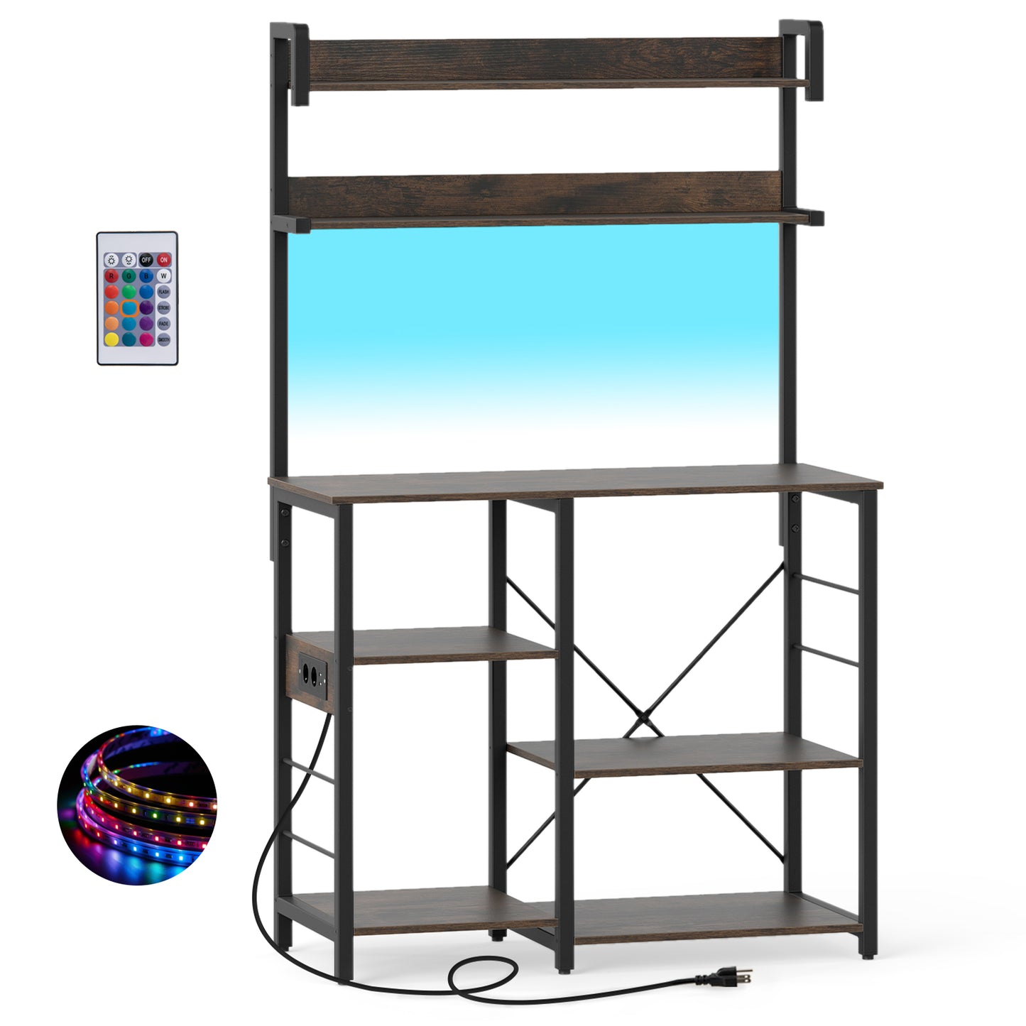 5-Tier Kitchen Bakers Rack With Power Outlet, LED Lights, Rustic Brown Baker's Racks at Gallery Canada