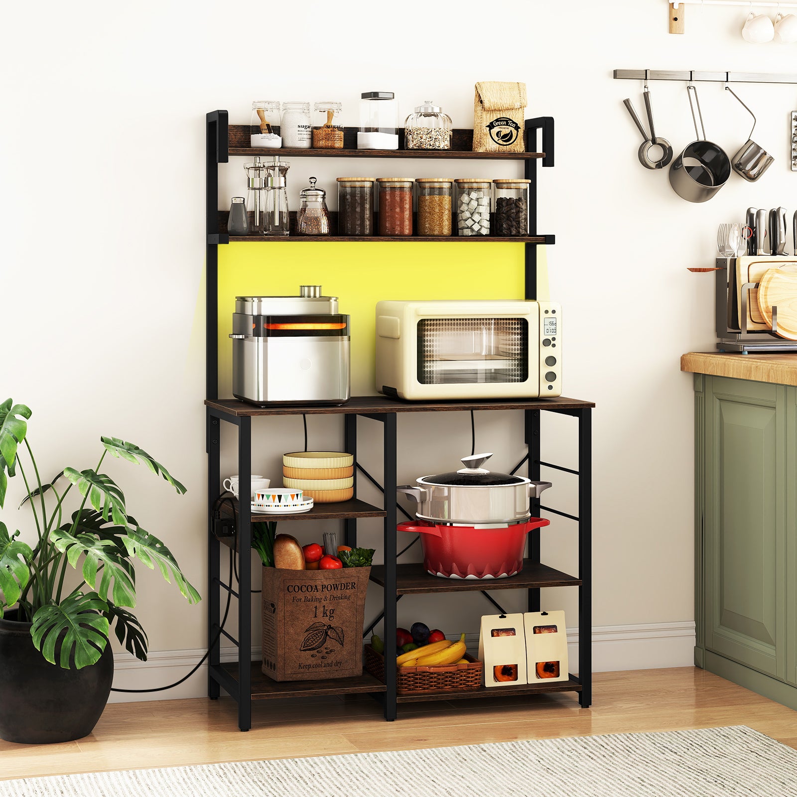 5-Tier Kitchen Bakers Rack With Power Outlet, LED Lights, Rustic Brown Baker's Racks at Gallery Canada