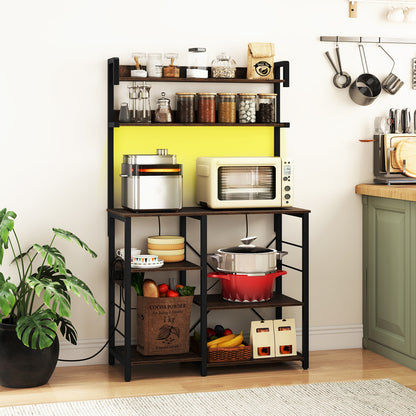 5-Tier Kitchen Bakers Rack With Power Outlet, LED Lights, Rustic Brown Baker's Racks at Gallery Canada