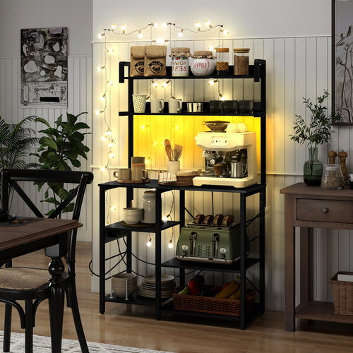 5-Tier Kitchen Bakers Rack With Power Outlet, LED Lights, Black