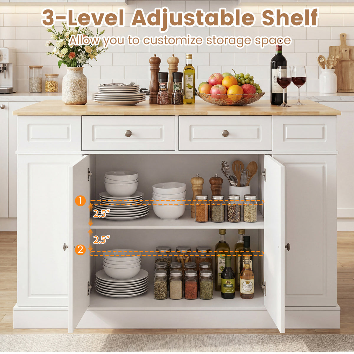 Kitchen Island With Storage, 3-Level Adjustable Shelves, White Kitchen Islands & Carts at Gallery Canada