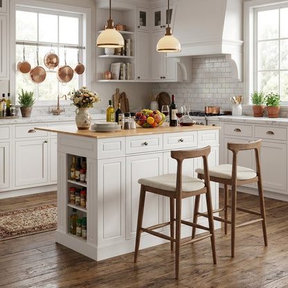 Kitchen Island With Storage, 2 Counter Height Solid Wood Bar Stools Kitchen & Dining White/Black at Gallery Canada
