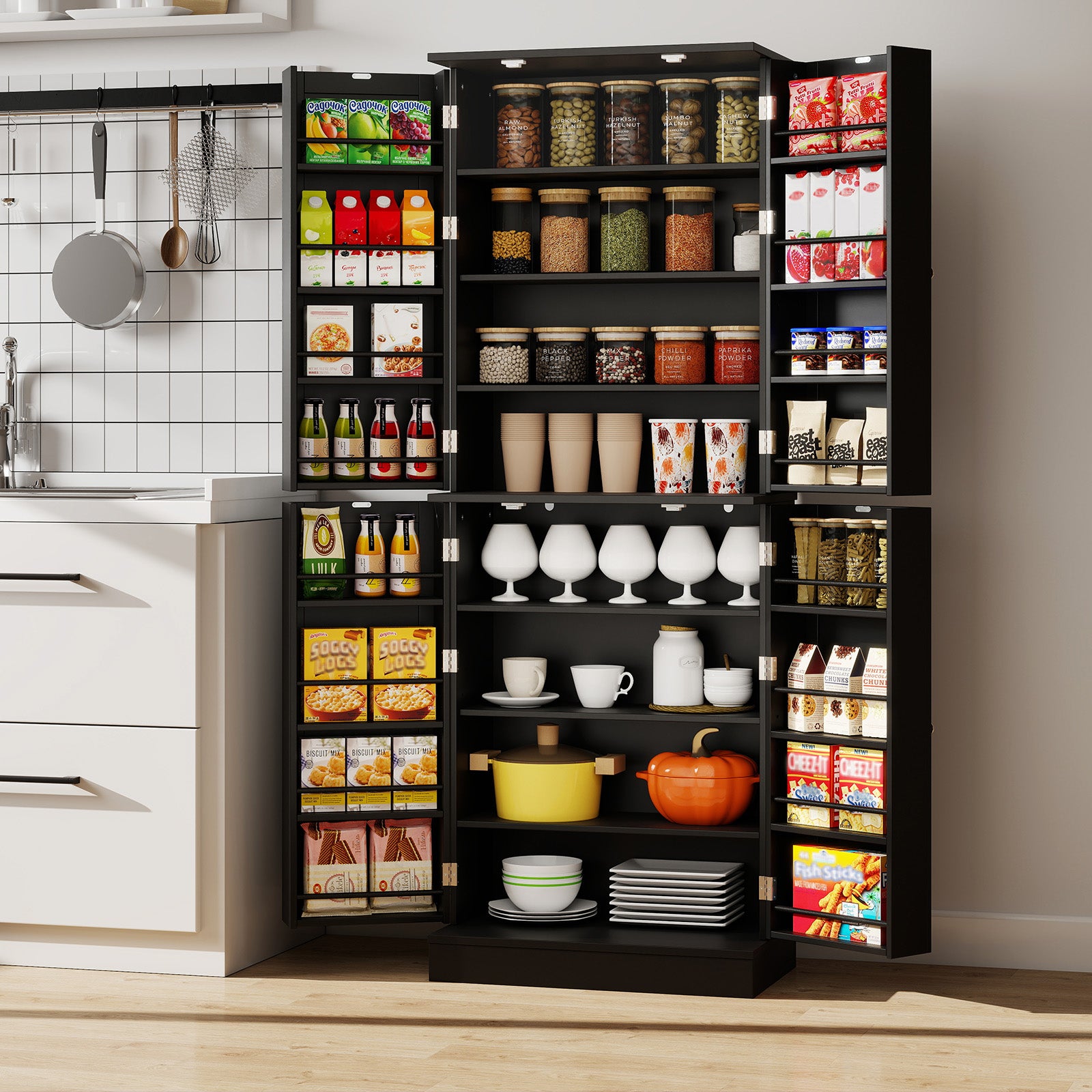 Kitchen Pantry Cabinet 65.5 Inch, Freestanding Tall Buffet Cupboard, Black Sideboards Cabinets & Buffets at Gallery Canada
