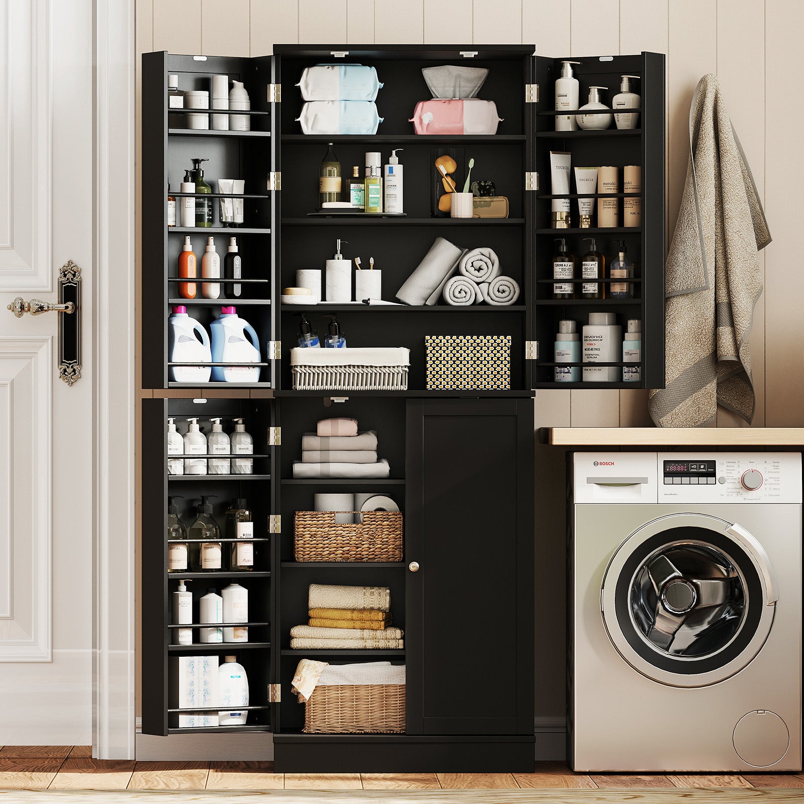 Kitchen Pantry Cabinet 65.5 Inch, Freestanding Tall Buffet Cupboard, Black Sideboards Cabinets & Buffets at Gallery Canada