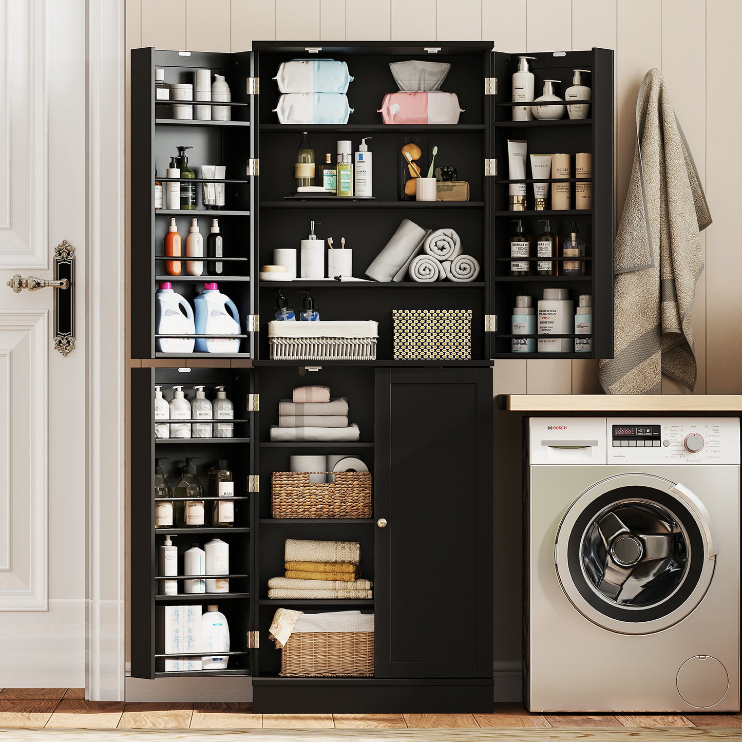 Kitchen Pantry Cabinet 65.5 Inch, Freestanding Tall Buffet Cupboard, Black Sideboards Cabinets & Buffets at Gallery Canada