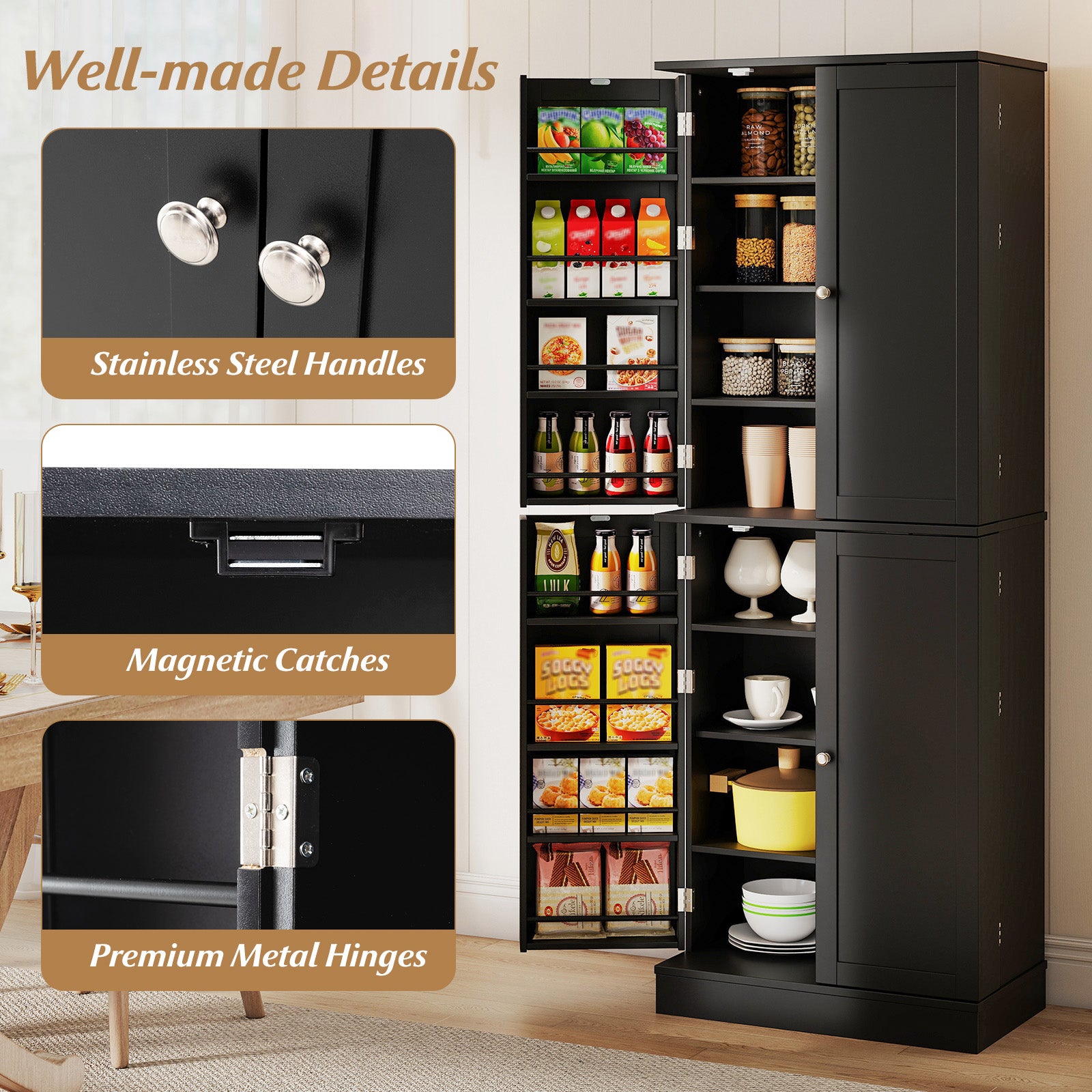 Kitchen Pantry Cabinet 65.5 Inch, Freestanding Tall Buffet Cupboard, Black Sideboards Cabinets & Buffets at Gallery Canada