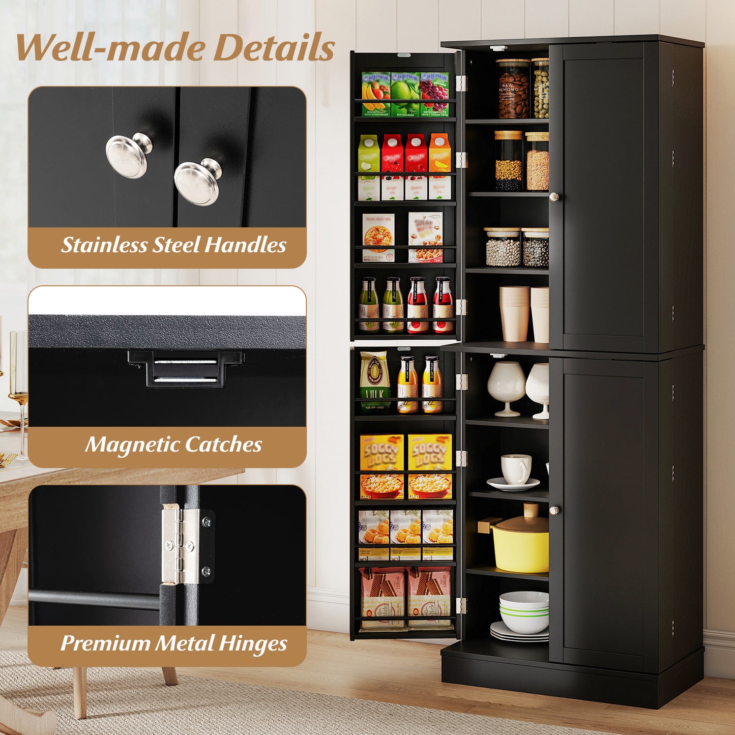 Kitchen Pantry Cabinet 65.5 Inch, Freestanding Tall Buffet Cupboard, Black Sideboards Cabinets & Buffets at Gallery Canada
