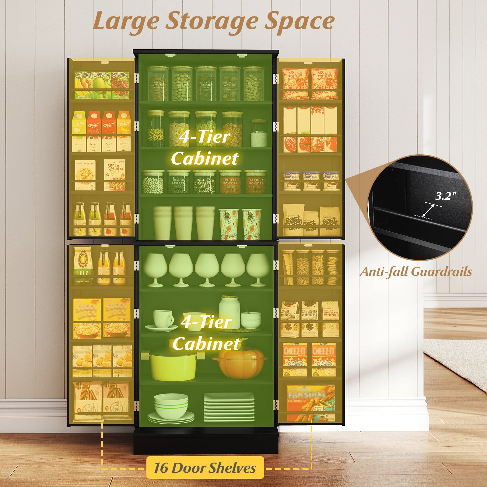 Kitchen Pantry Cabinet 65.5 Inch, Freestanding Tall Buffet Cupboard, Black Sideboards Cabinets & Buffets at Gallery Canada