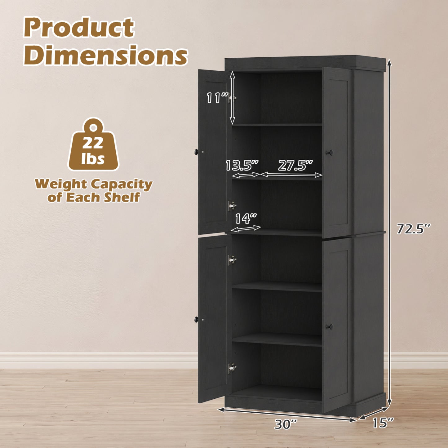 Kitchen Pantry Cabinet, 2 Adjustable Shelves, Anti-Tipping, Black Cabinets & Chests at Gallery Canada