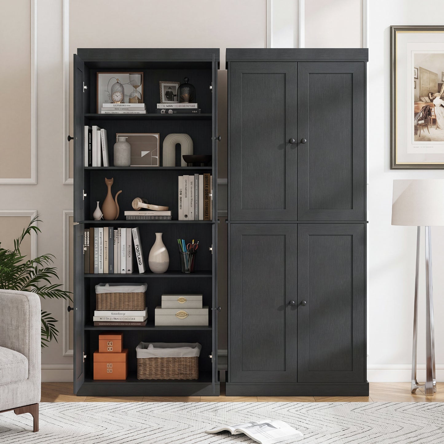Kitchen Pantry Cabinet, 2 Adjustable Shelves, Anti-Tipping, Black Cabinets & Chests at Gallery Canada
