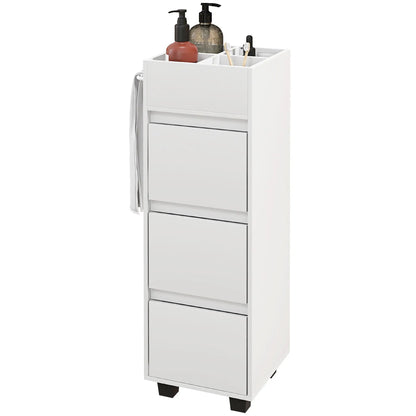Slim Bathroom Cabinet, 4 Compartments, 3 Drawers, Towel Rack, White Freestanding Bathroom Cabinets White at Gallery Canada