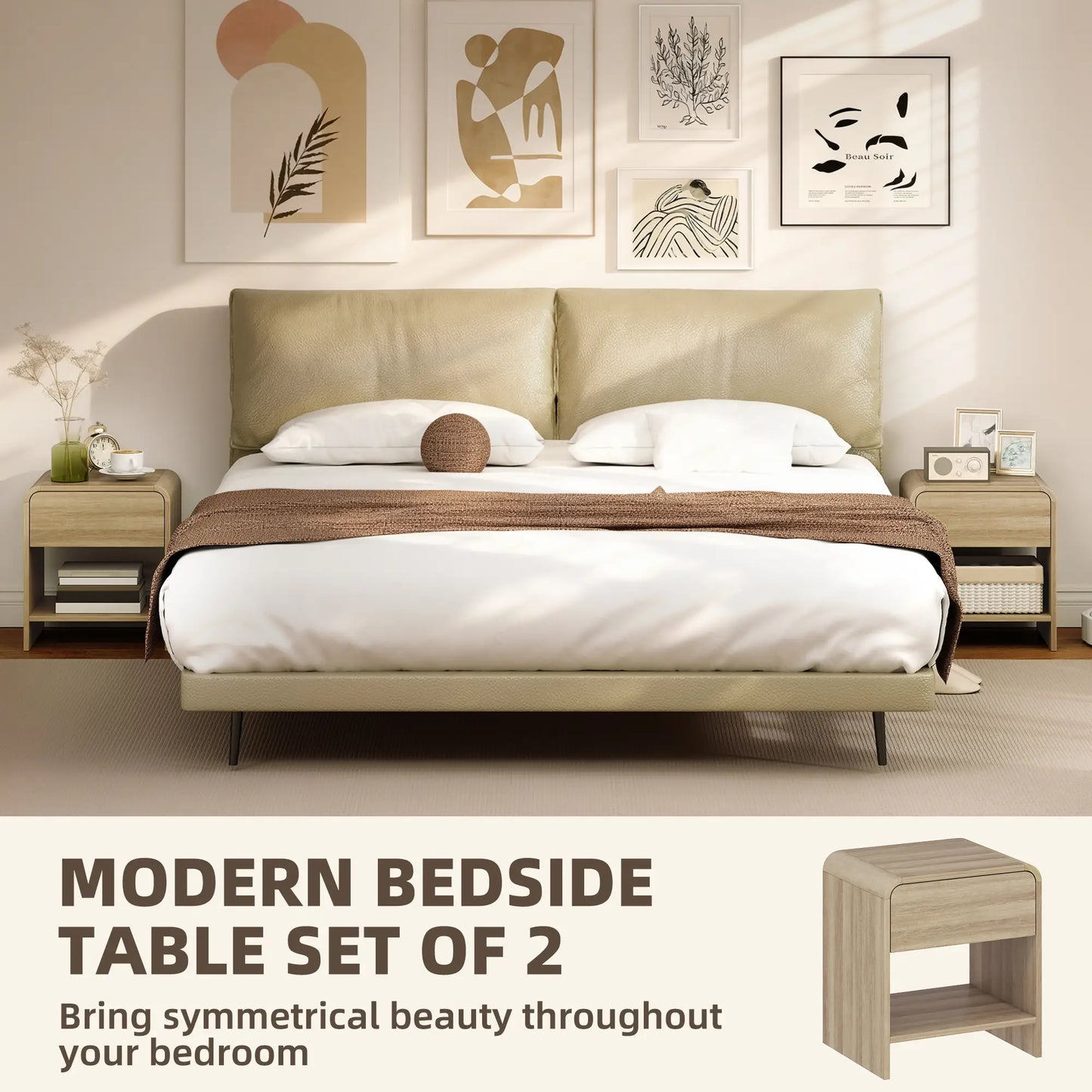 Modern Nightstand Set Of 2, Natural Wood, With Drawer And Open Shelf Bedside Tables at Gallery Canada