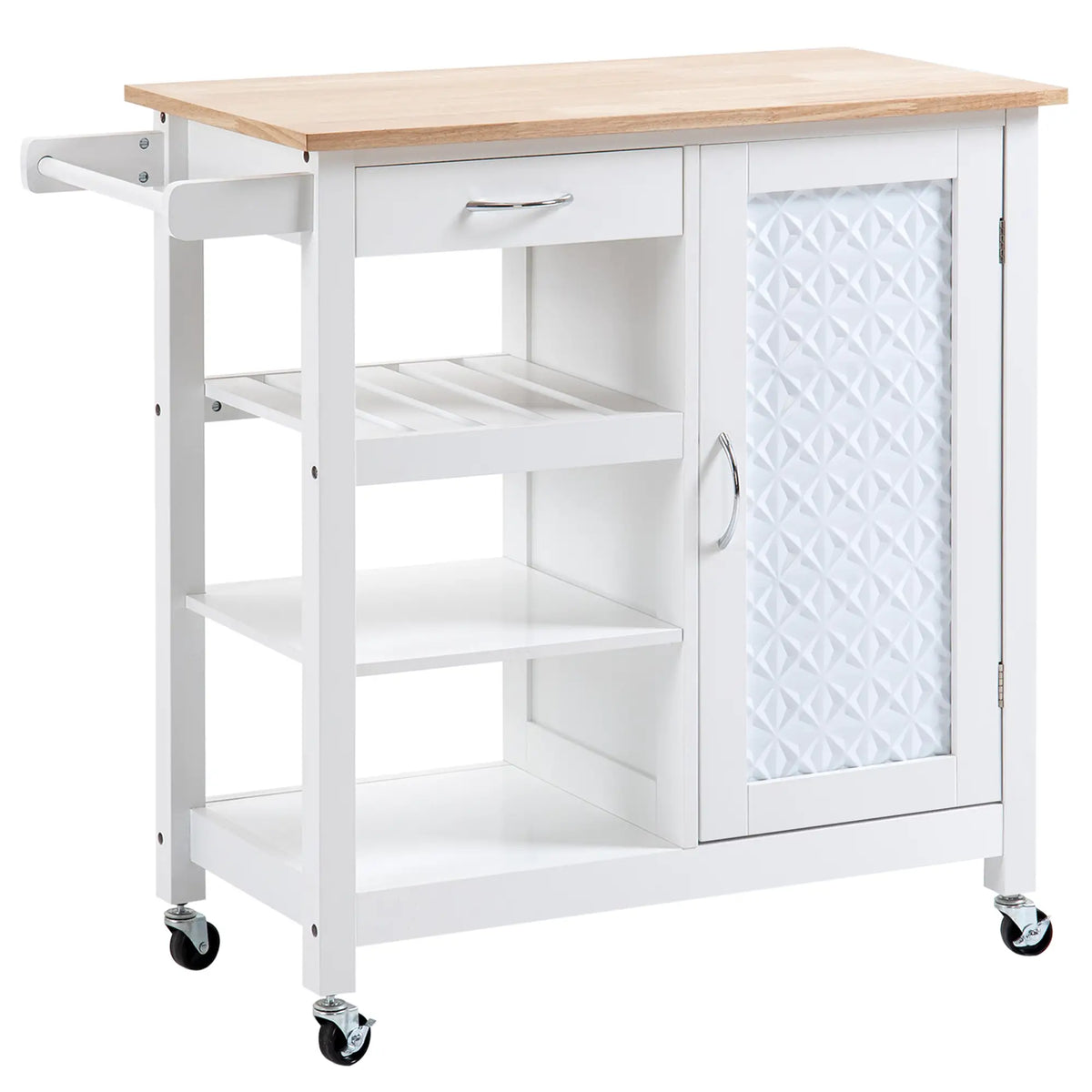 Kitchen Cart on Wheels, Embossed Door Panel, Storage Drawer, White Kitchen Islands & Kitchen Carts White at Gallery Canada