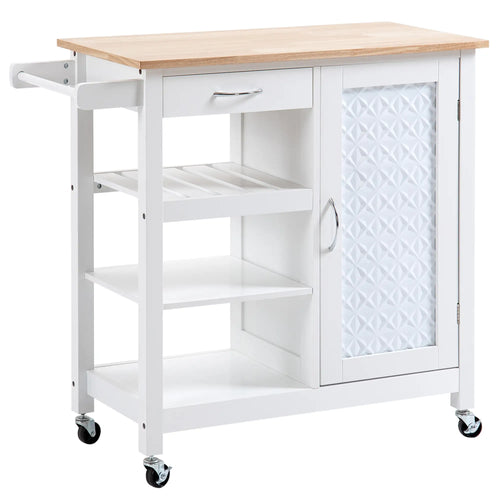Kitchen Cart on Wheels, Embossed Door Panel, Storage Drawer, White