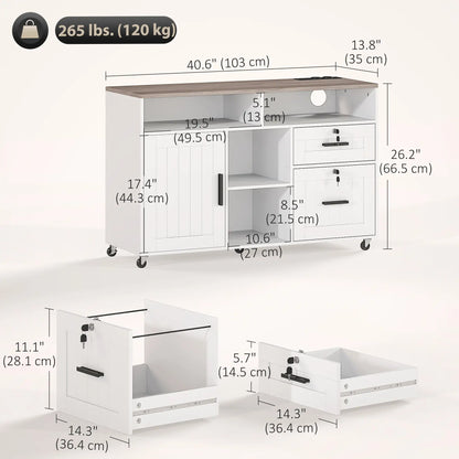 Mobile Printer Stand with Charging Station, Locking Filing Cabinet for A4 and Letter Size, White Office Cabinets & Cupboards at Gallery Canada