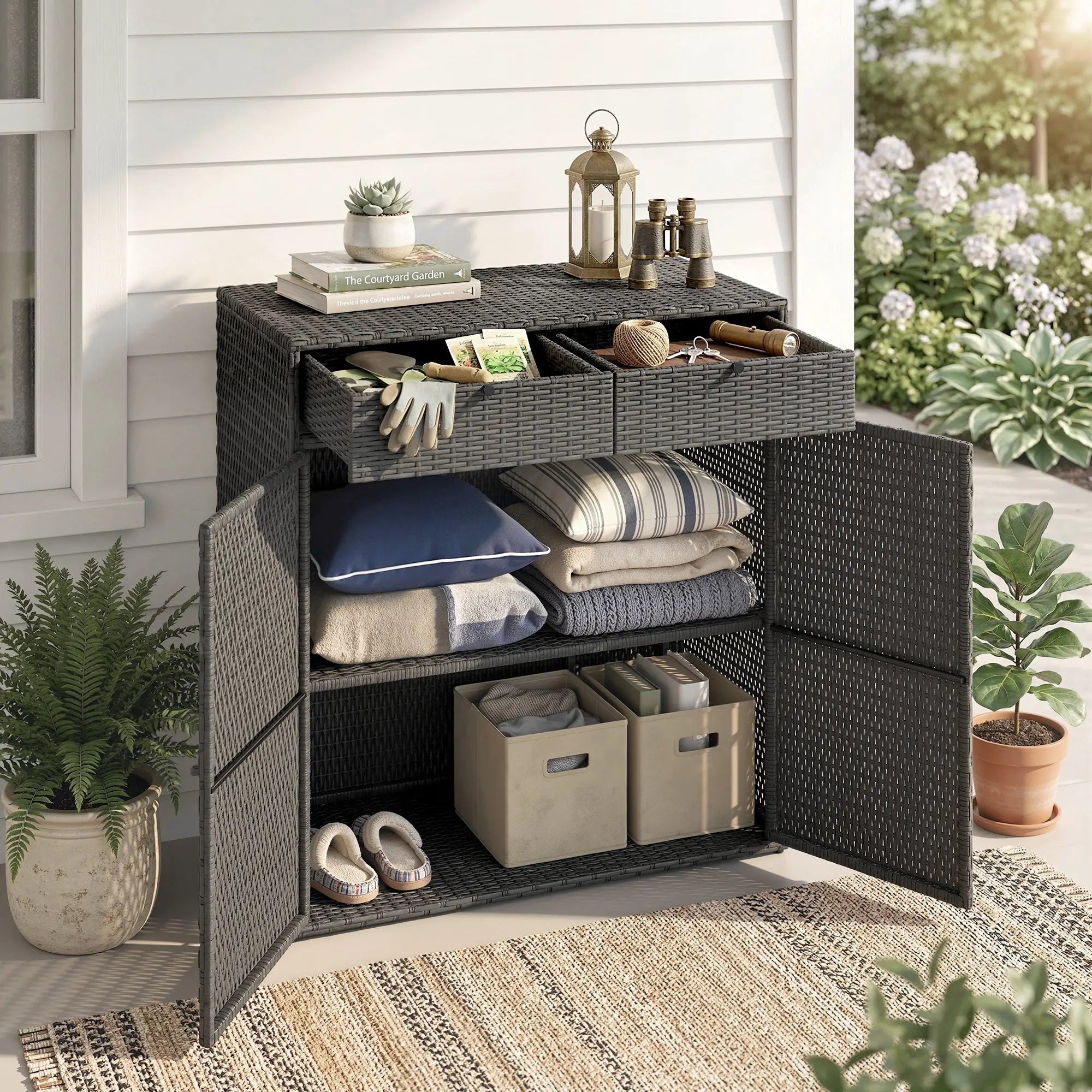 Wicker Outdoor Storage Cabinet, 2 Doors, Drawers, 2-Tier Shelf, Dark Grey Patio Storage Boxes at Gallery Canada