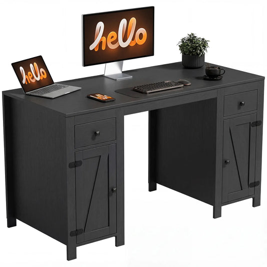 53" Farmhouse Executive Desk, Computer Desk With Drawers, Black Wood Grain, Black Writing Desks Black Wood Grain at Gallery Canada