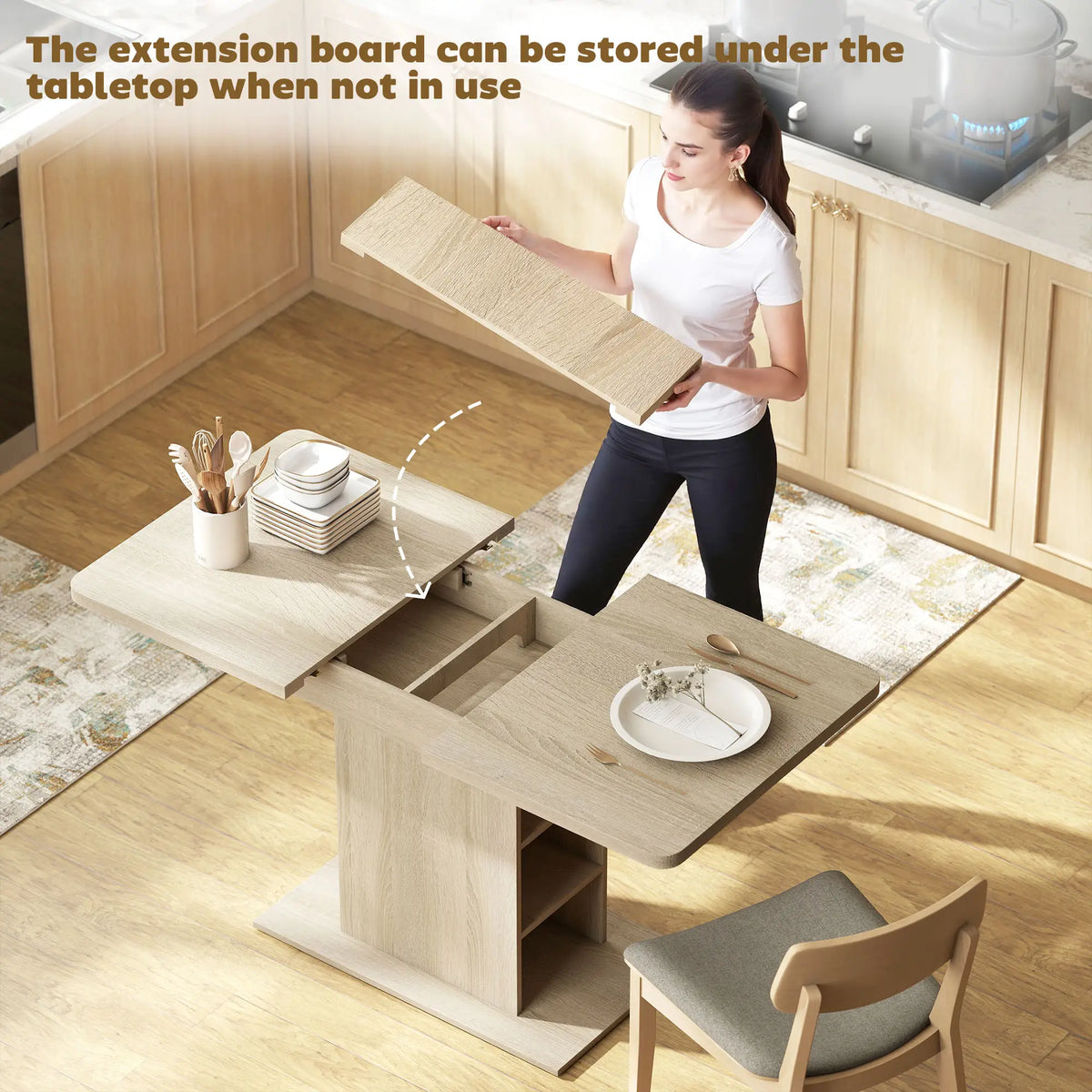 Extendable Dining Table, 43.3"-51.2", Natural Wood, 6 Shelves Dining Tables at Gallery Canada