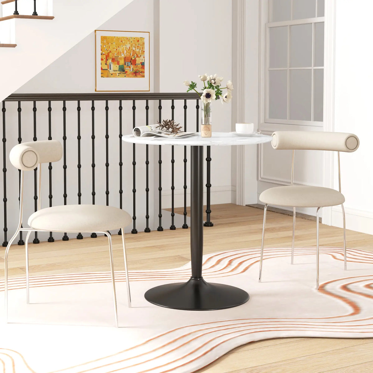 Modern Round Kitchen Table for 2, Steel Base, White Marble, White Dining Tables at Gallery Canada