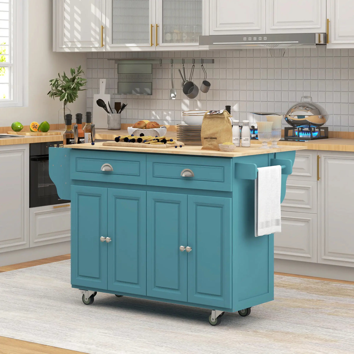 Rolling Kitchen Island with Storage, Drop Leaf, Rubber Wood Top, Light Blue Kitchen Islands & Kitchen Carts at Gallery Canada