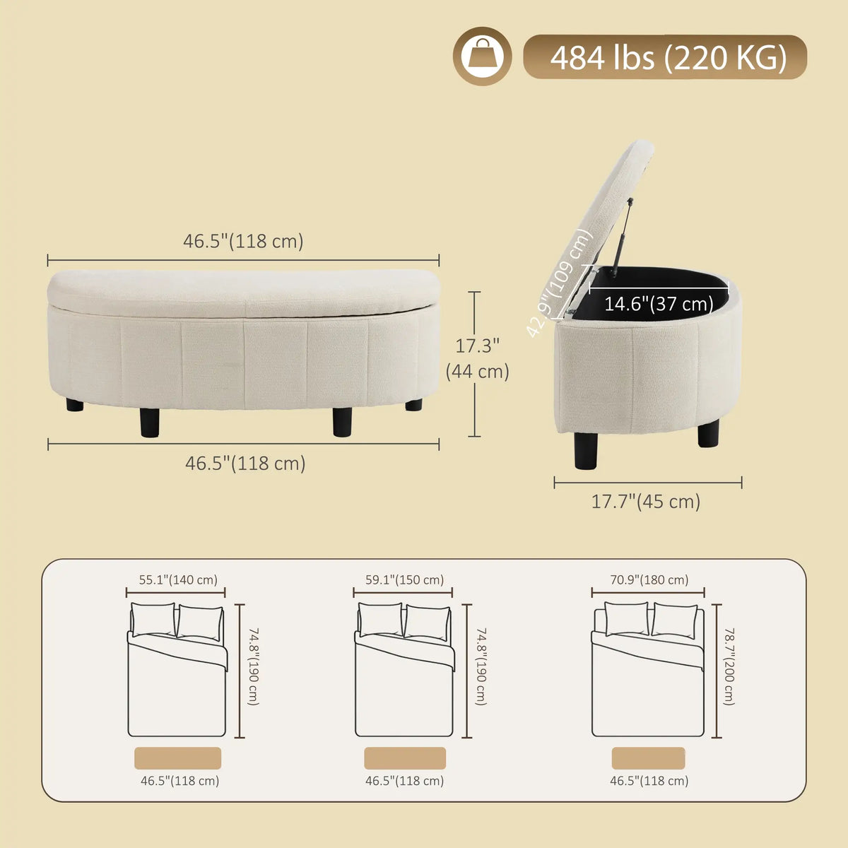 Semi-Round Ottoman With Hydraulic Lift-Top Storage, Cream White Storage Ottomans & Benches at Gallery Canada