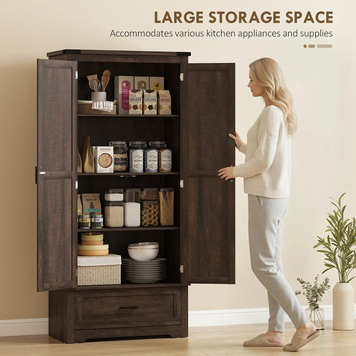 69" Tall Kitchen Pantry Cabinet, 2 Doors, Drawer, Adjustable Shelves, Dark Brown Kitchen Pantry Cabinets at Gallery Canada