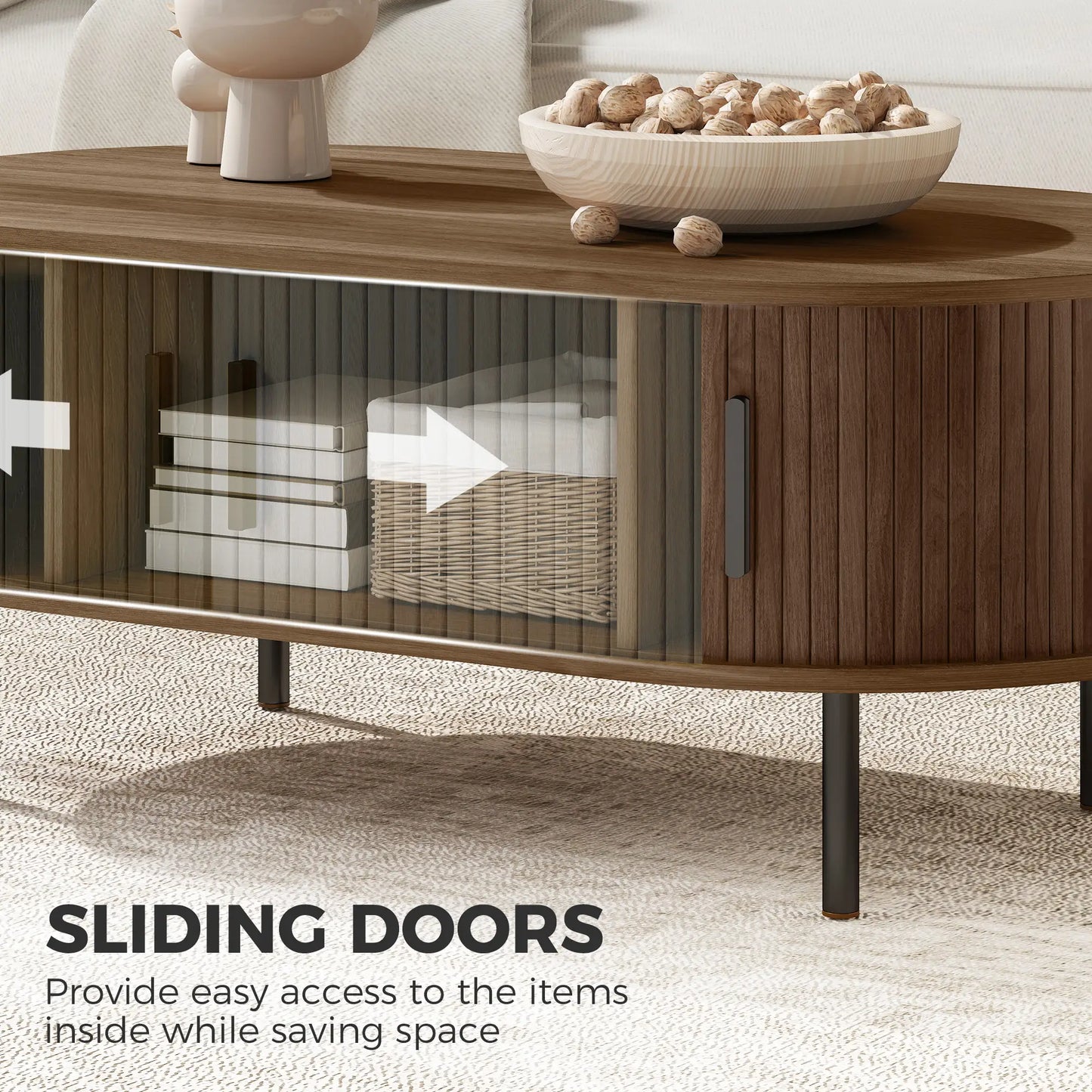 Coffee Table with Sliding Tambour Doors and Storage Center Table with Metal Legs, 39", Brown Coffee Tables at Gallery Canada
