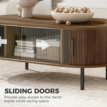 Coffee Table with Sliding Tambour Doors and Storage Center Table with Metal Legs, 39", Brown Coffee Tables at Gallery Canada
