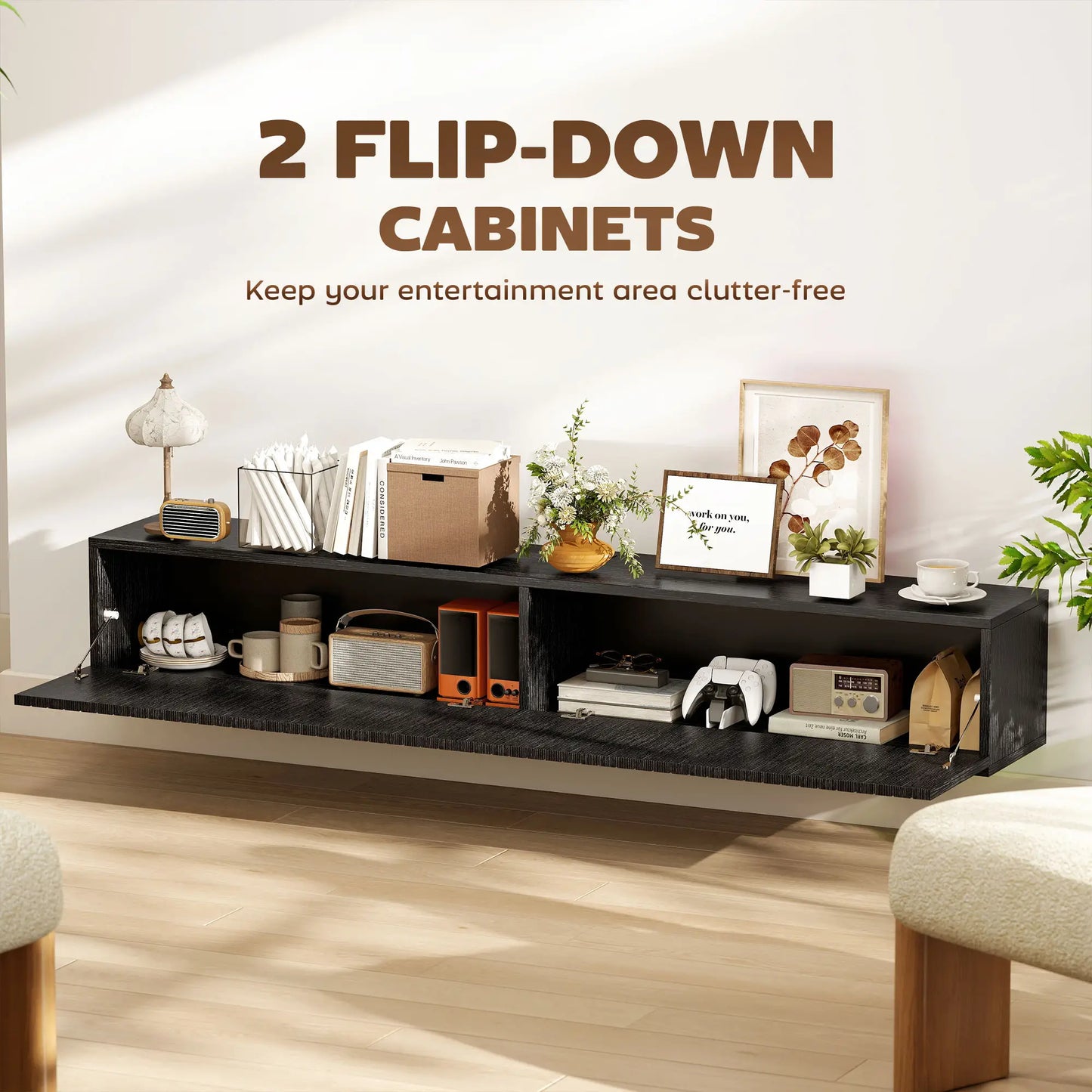 55 Inch Floating TV Stand, Wall Mount Media Console, 2 Fluted Doors, Black TV Stands at Gallery Canada