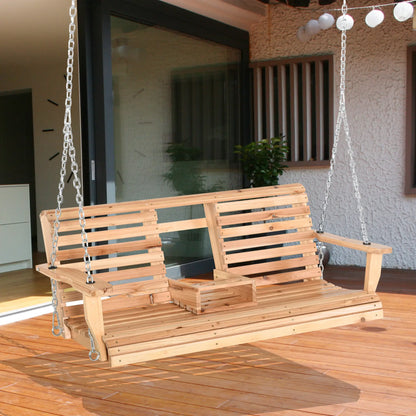 3 Seater Wood Patio Swing, Foldable Table, Cup Holders, Steel Chains, Natural Hanging Porch Swings at Gallery Canada