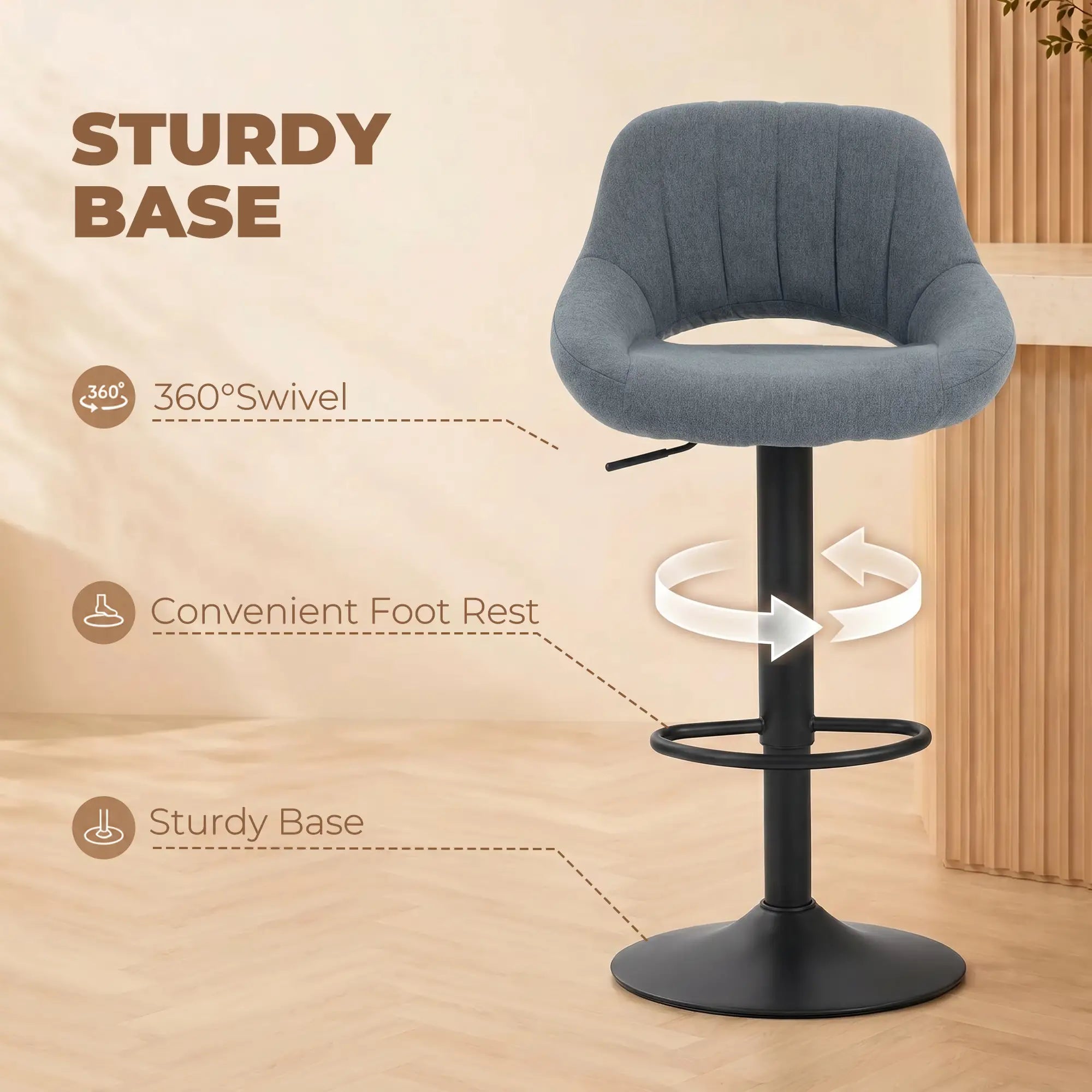Linen Upholstered Counter Swivel Bar Stools Set of 2, Round Metal Base Bar Stools at Gallery Canada