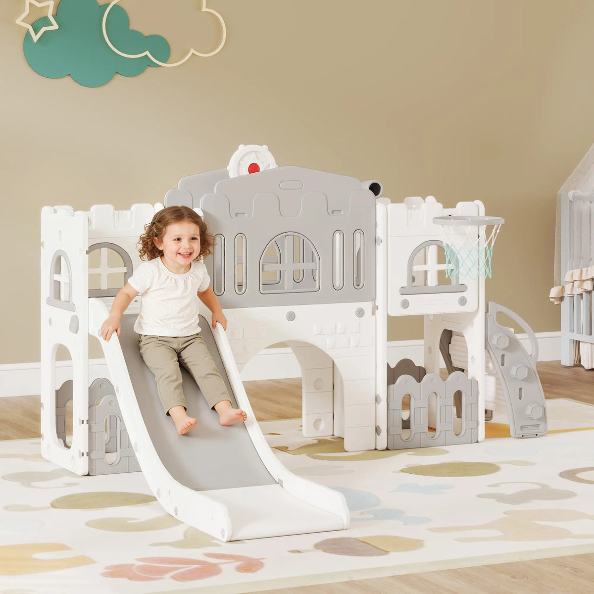 7-In-1 Toddler Slide With Basketball Hoop, Climber, Tunnel, Grey Gym Sets & Swings at Gallery Canada