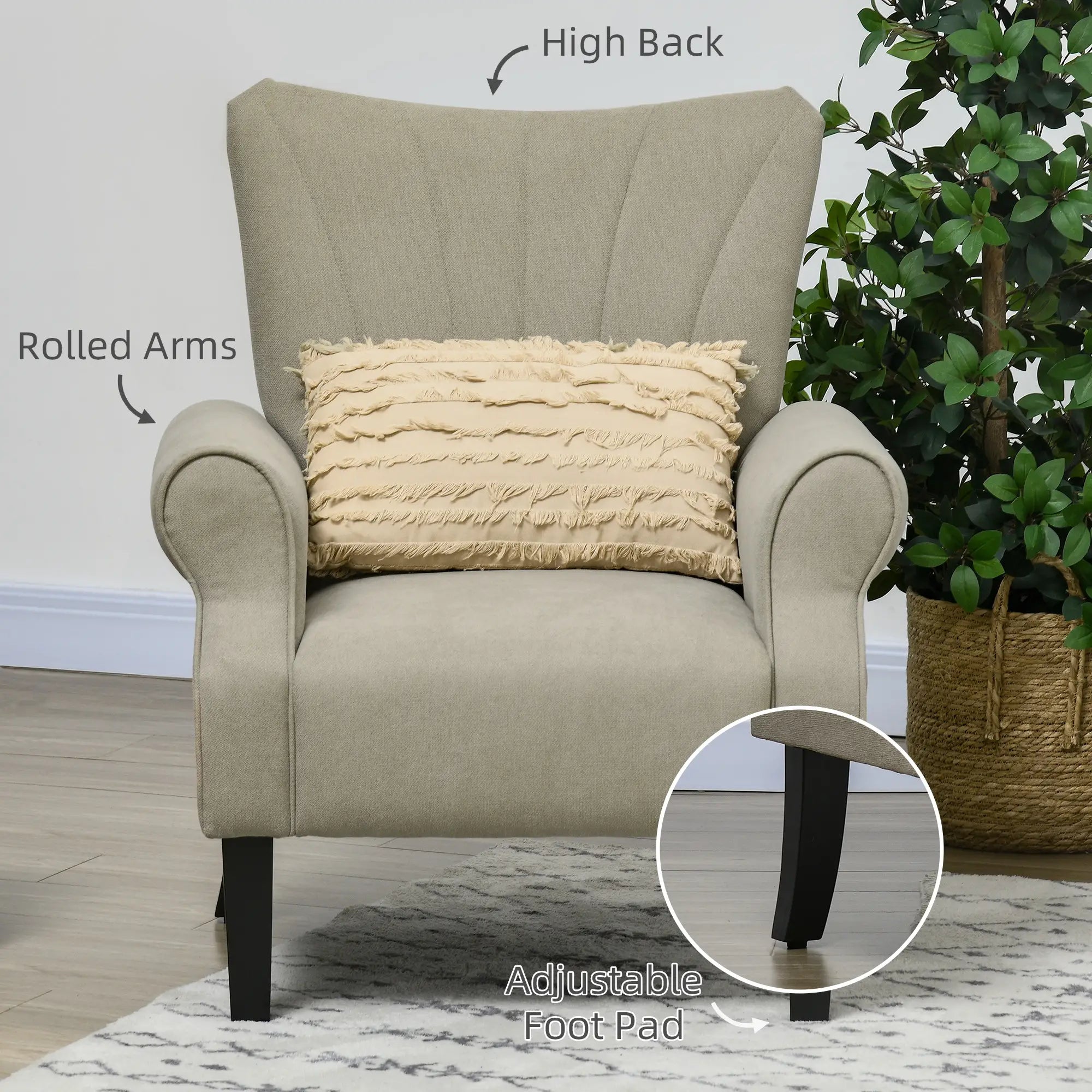 Modern Fabric Armchair with Wood Legs, Living Room, Bedroom, Beige Accent Chairs at Gallery Canada