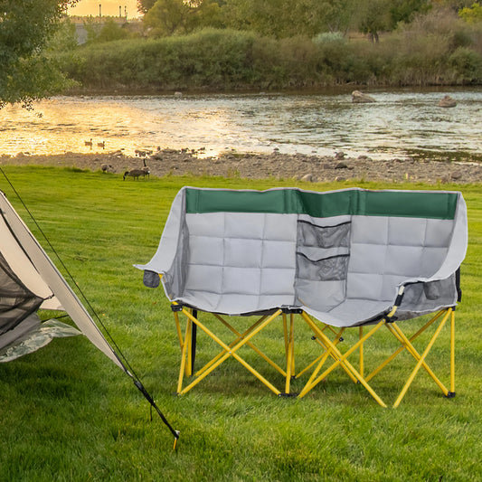 62" W Double Camping Chair Folding Loveseat With Storage, Cup Holder, Green Picnic Tables & Camping Chairs Green, Grey & Yellow at Gallery Canada