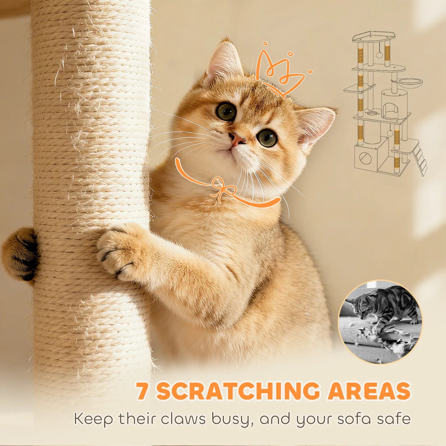 67" Large Cat Tree with 7 Scratching Posts, Tunnel, 2 Condos, Hammock, Perch, Ramp, Pompoms, Light Grey Multi-Level Cat Towers at Gallery Canada