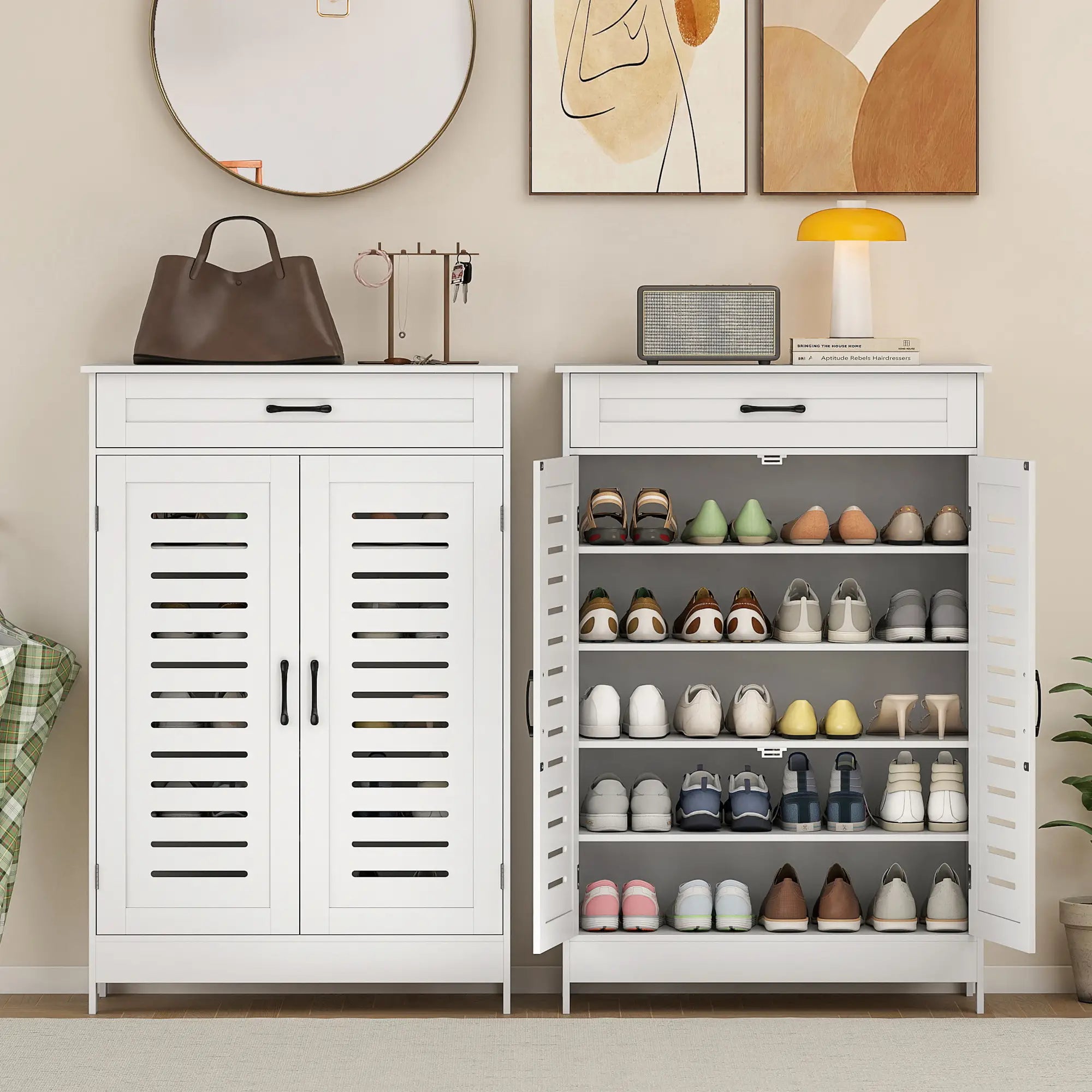 Shoe Cabinet With Louvered Doors, Drawer, Adjustable Shelves, White Shoe Storage Cabinets & Racks at Gallery Canada