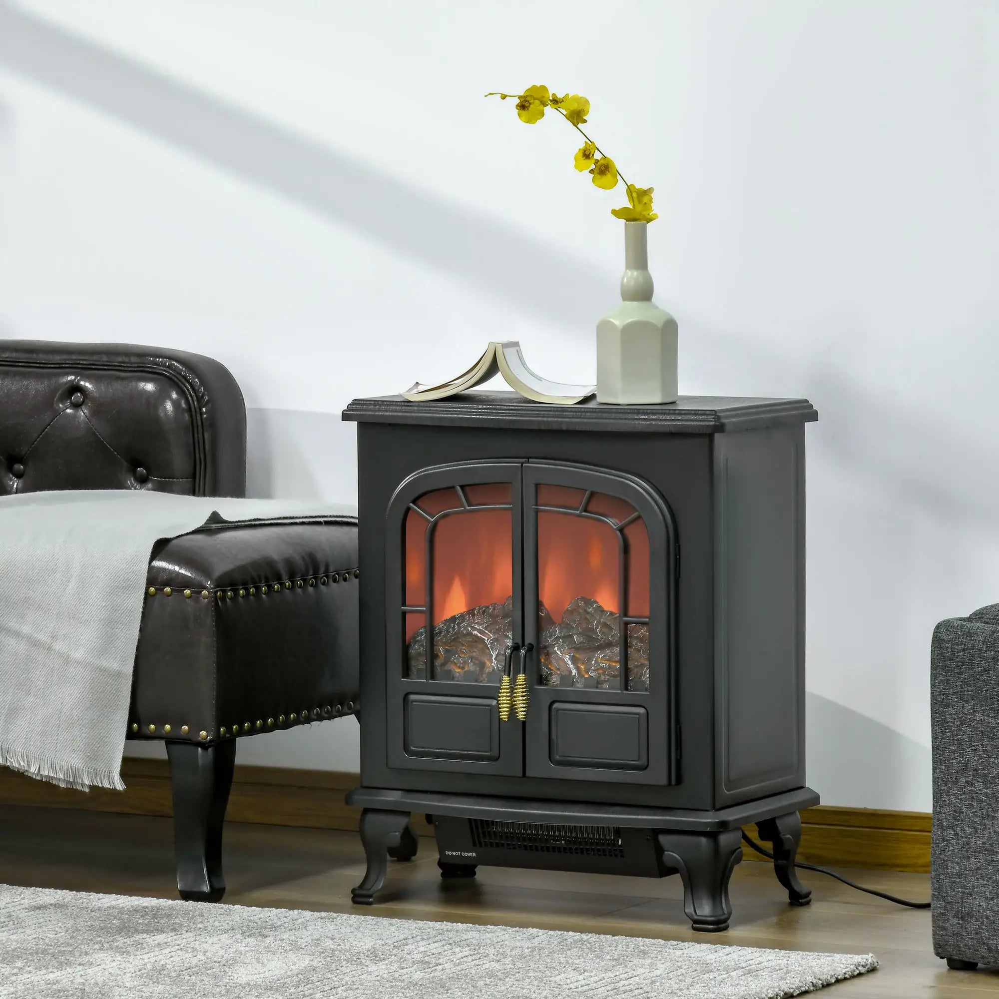 Electric Fireplace Stove Heater, LED Flame Effect, Double Door, Portable, Overheat Protection, 750W/1500W, Black Electric Fireplaces at Gallery Canada
