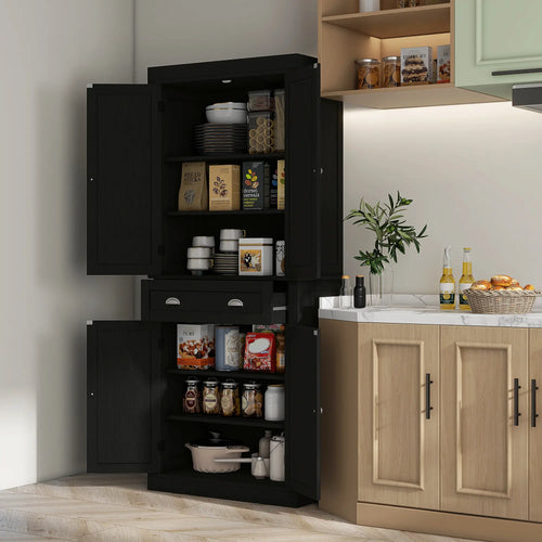 72 Inch Tall Pantry Cabinet, 4 Door Kitchen Storage, Black Wood Grain, Black