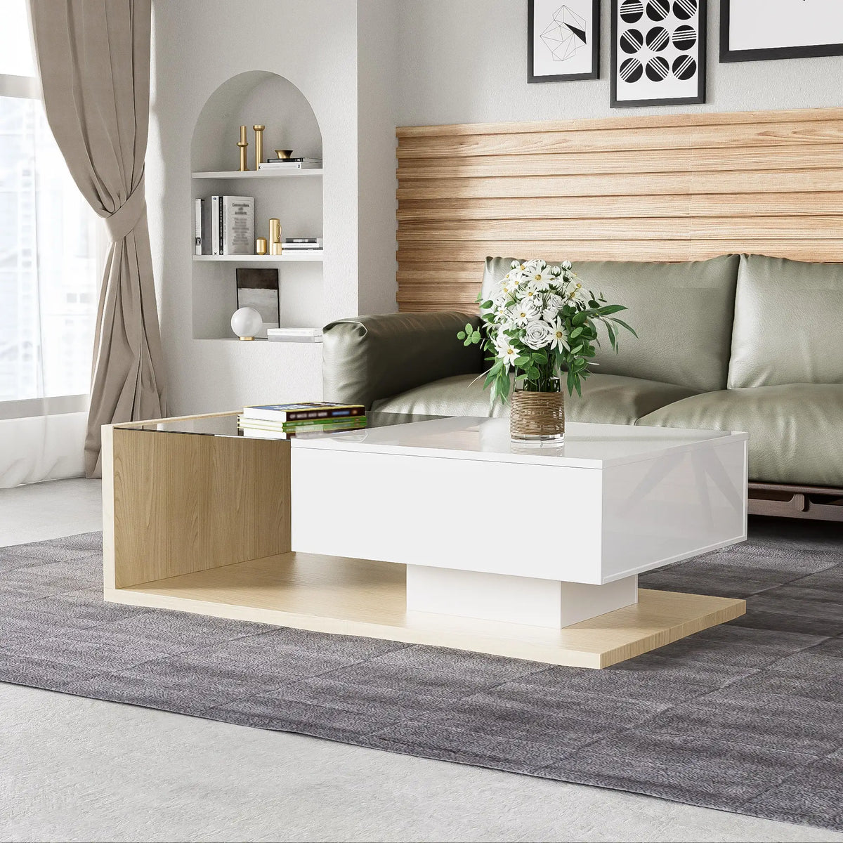 Modern Coffee Table, Glass LED Effect, Storage, 41.5" L x 21.5" W x 12.5" H, White+Wood, White, Wood Coffee Tables at Gallery Canada