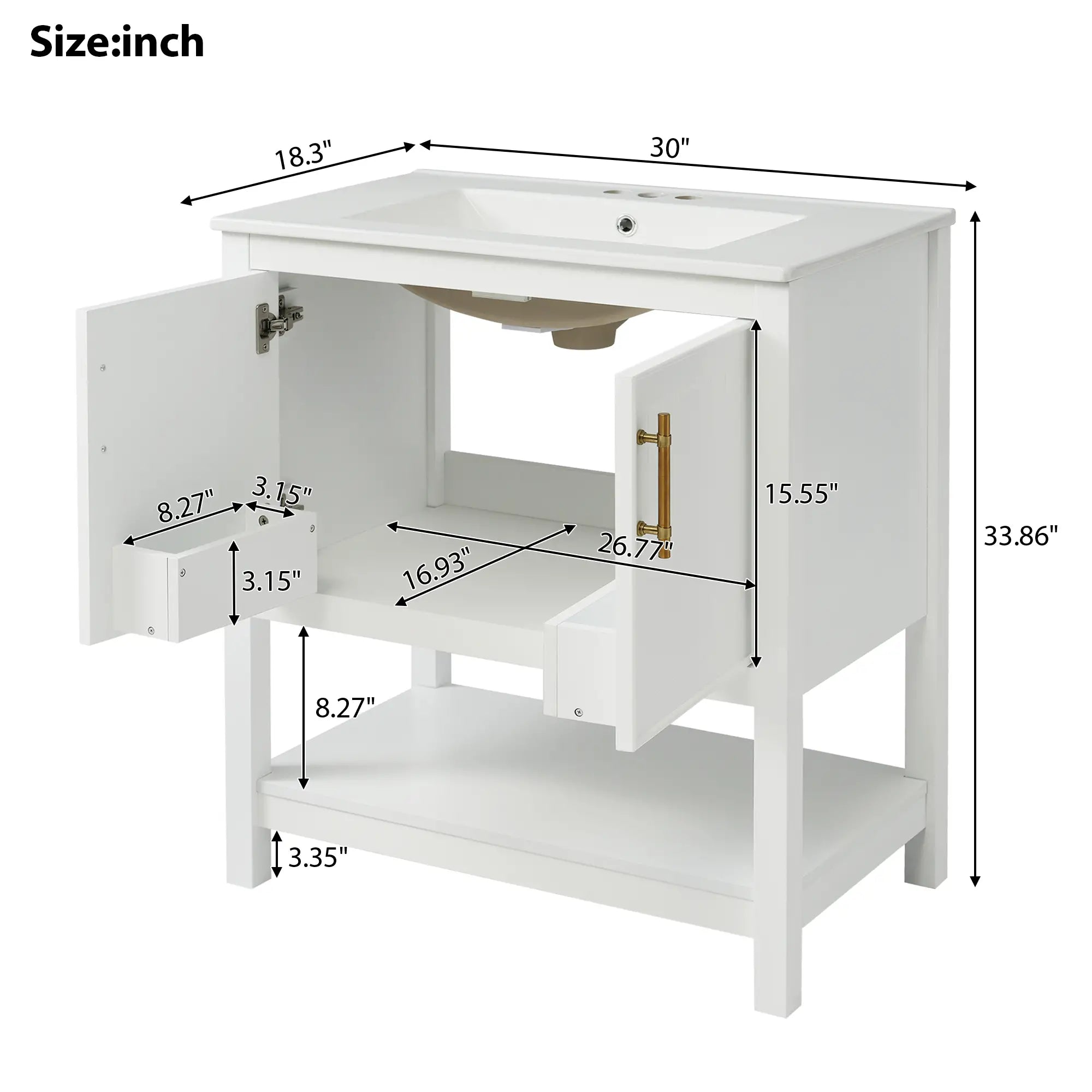 Bathroom Vanity with Ceramic Sink, Gold Handles, Soft Close Doors, 30