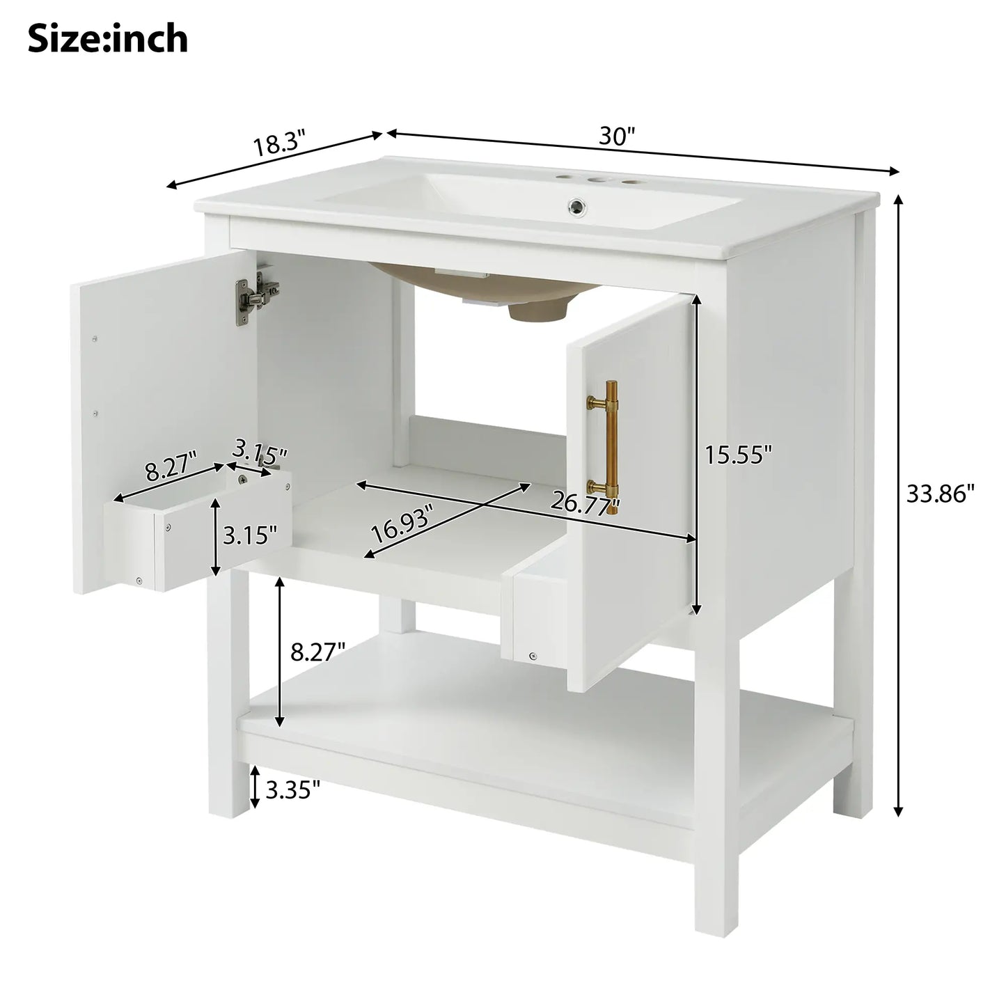 Bathroom Vanity with Ceramic Sink, Gold Handles, Soft Close Doors, 30" L x 18.5" W x 34" H, White Sink Cabinets at Gallery Canada
