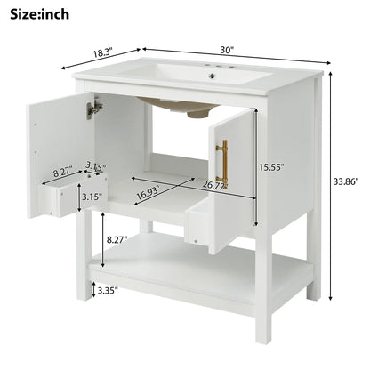 Bathroom Vanity with Ceramic Sink, Gold Handles, Soft Close Doors, 30" L x 18.5" W x 34" H, White Sink Cabinets at Gallery Canada