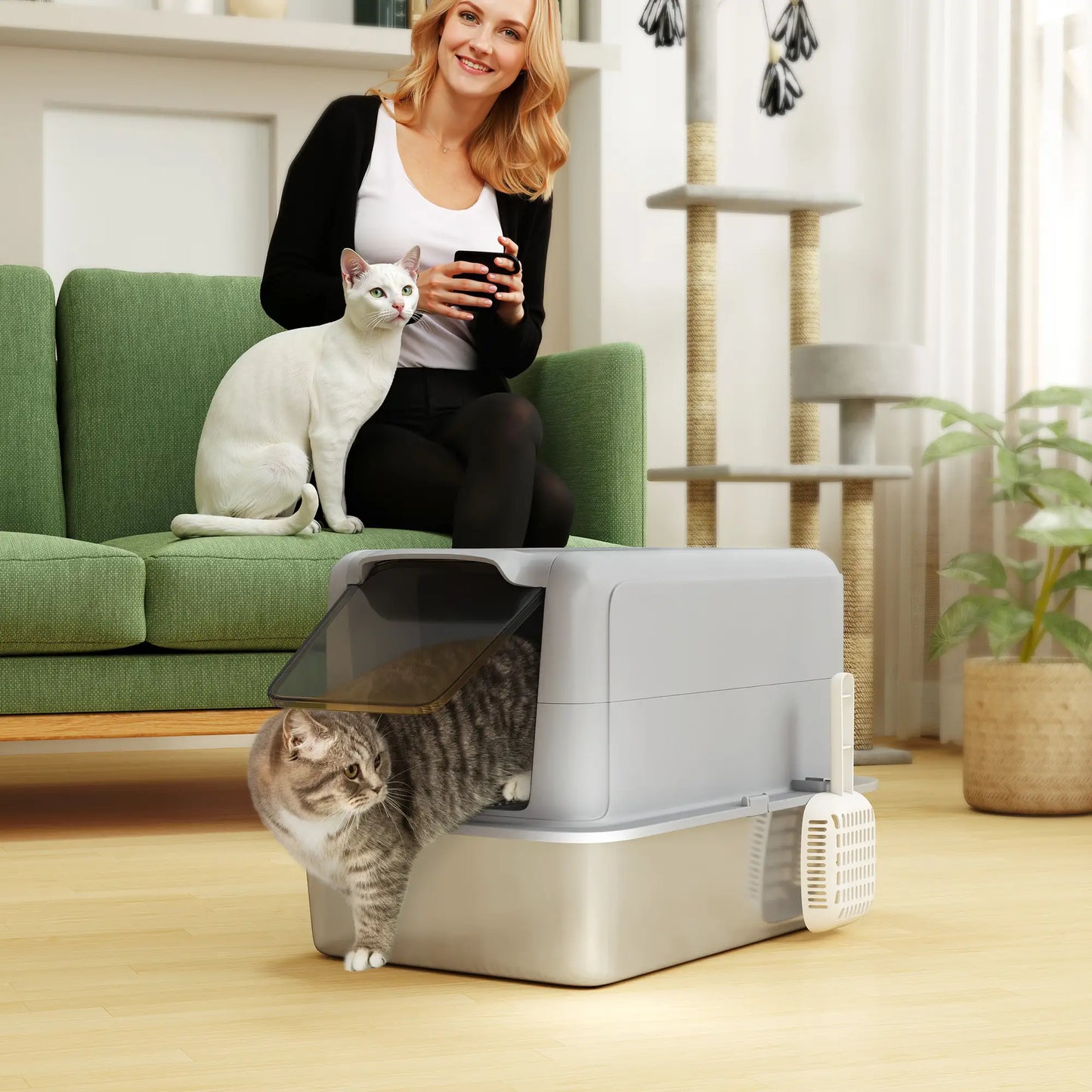 Stainless Steel Cat Litter Box, Removable Lid & Scoop, Grey Cat Litter Box Enclosures at Gallery Canada